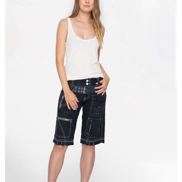 Johnny Was Pete & Greta Washed Black Linen Unisex Y2K Longline Low Rise Bermuda